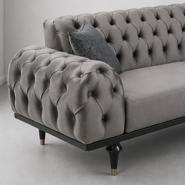 INTERIORZE grey velvet sofa with tufted back and arms