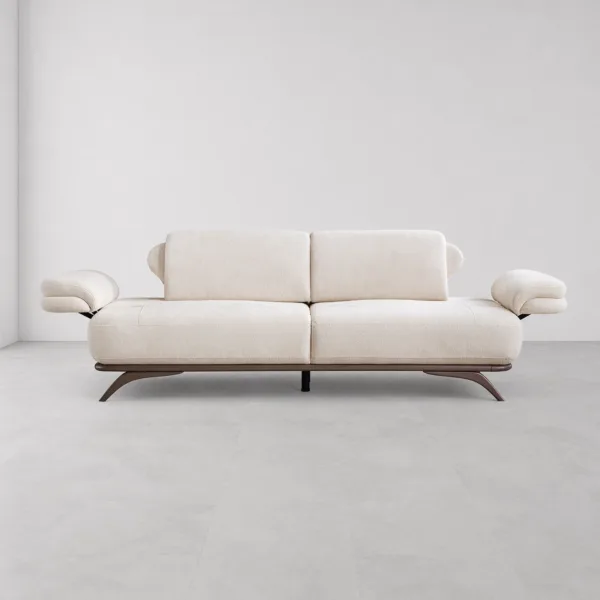 INTERIORZE cream boucle sofa with pillow armrests and brown metal legs