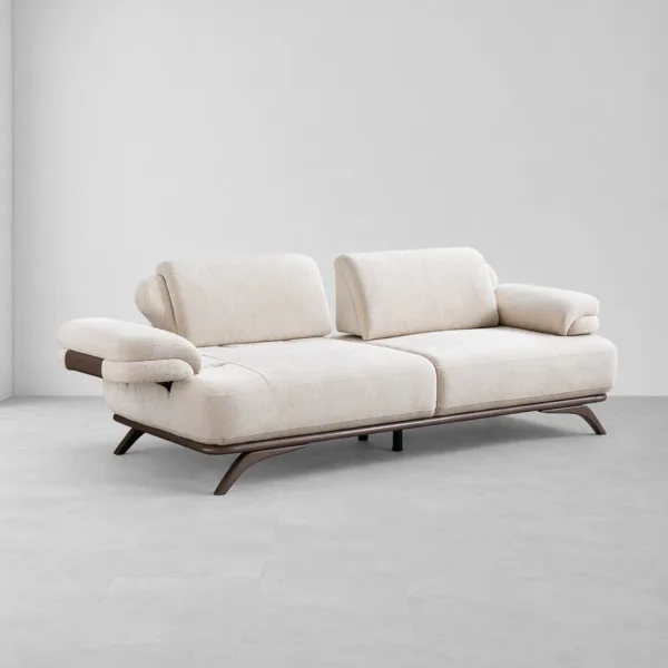 INTERIORZE cream boucle sofa with pillow armrests and brown metal legs