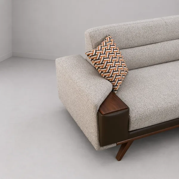 INTERIORZE cream grey fabric sofa with brown leather arms