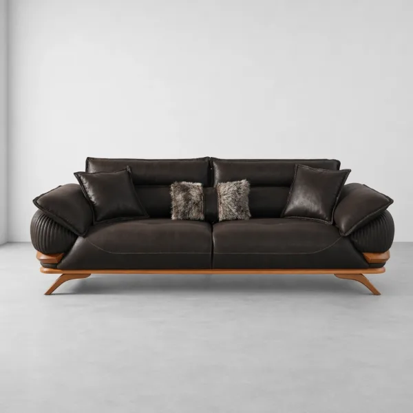 INTERIORZE black leatherette sofa with wooden base and pillow armrests