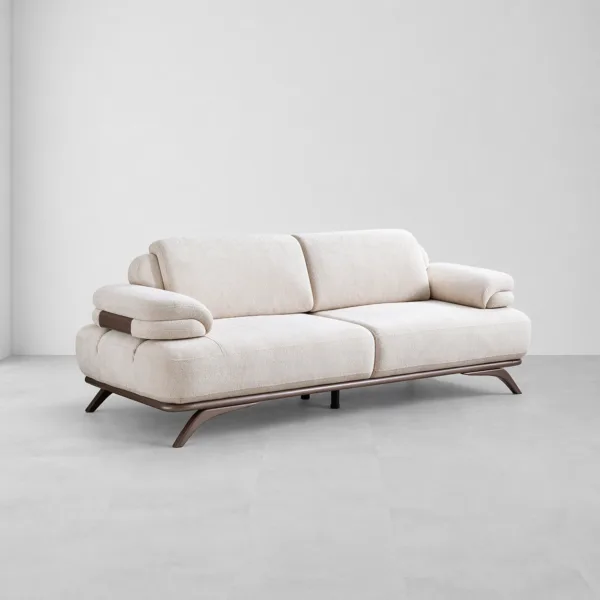 INTERIORZE cream boucle sofa with pillow armrests and brown metal legs