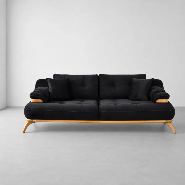 INTERIORZE black fabric sofa with wooden base and adjustable headrest