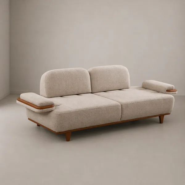 INTERIORZE cream sofa with rounded arms and wooden arm detailing