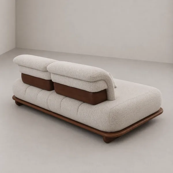 INTERIORZE cream boucle daybed sofa with wooden platform base and rounded back cushions