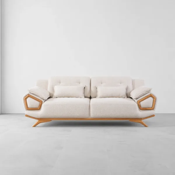 INTERIORZE cream boucle sofa with wooden pentagon side frame