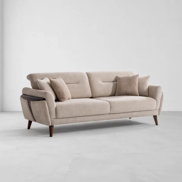 INTERIORZE cream boucle sofa with curved arms and wooden legs