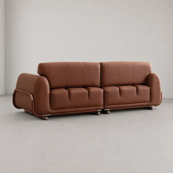 INTERIORZE cognac leatherette sofa with rounded arms and metal accent legs