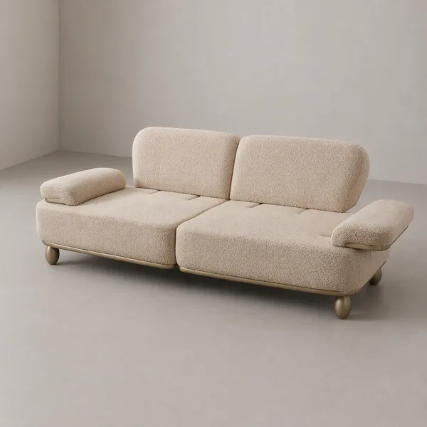 INTERIORZE beige boucle sofa with rounded arms and soft back cushions