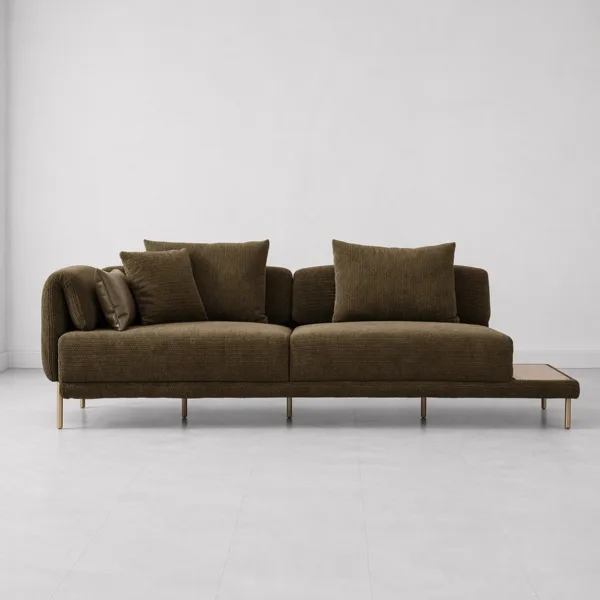 INTERIORZE olive modern sofa with side platform and brass-toned legs