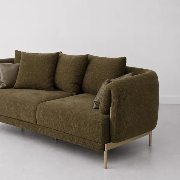 INTERIORZE olive modern sofa with side platform and brass-toned legs