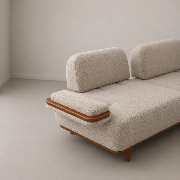 INTERIORZE cream sofa with rounded arms and wooden arm detailing