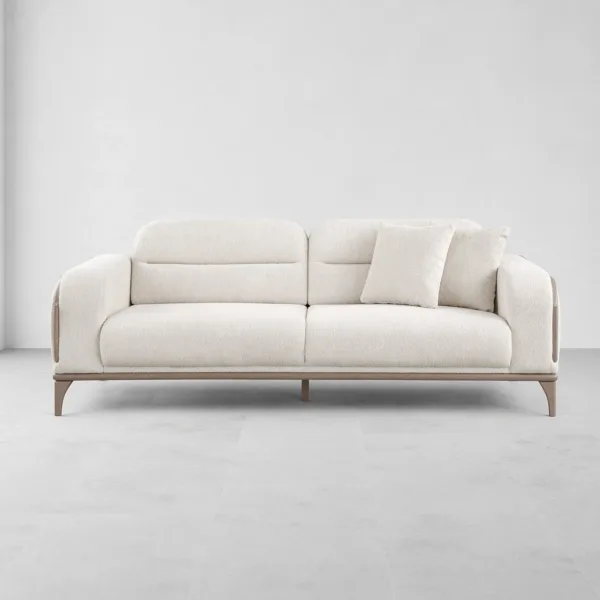 INTERIORZE cream boucle sofa with bronze metal frame and rounded arms