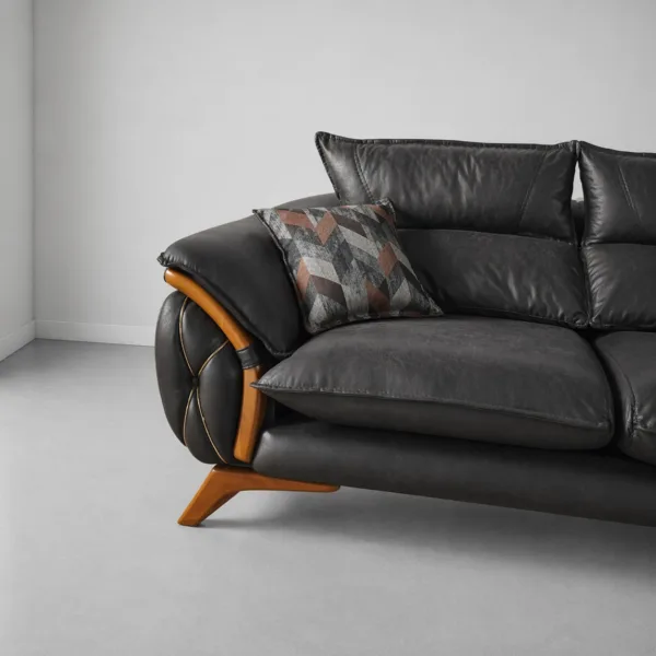 INTERIORZE black leatherette sofa with wooden accents and designer pillows