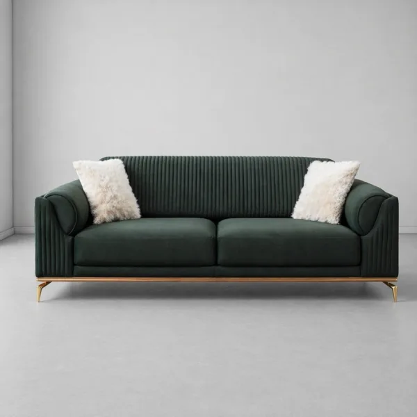 INTERIORZE dark green velvet sofa with ribbed back and gold legs