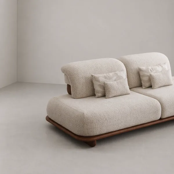 INTERIORZE cream boucle daybed sofa with wooden platform base and rounded back cushions