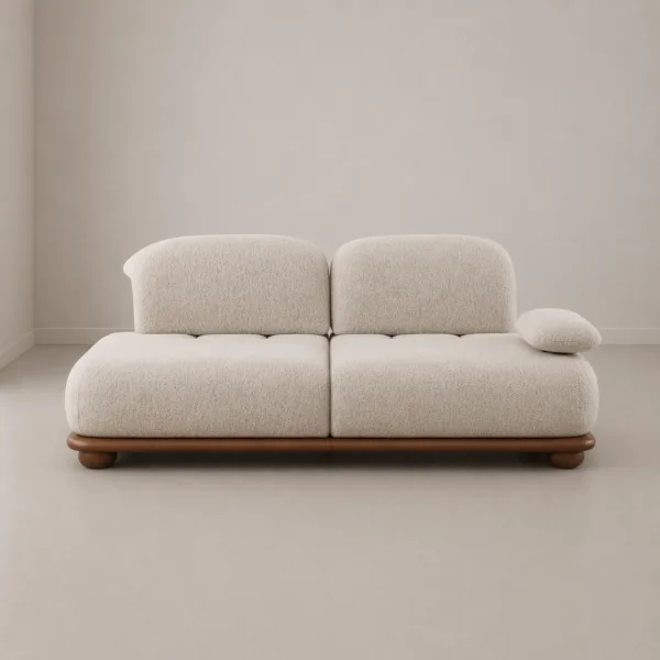 INTERIORZE cream boucle daybed sofa with wooden platform base and rounded back cushions