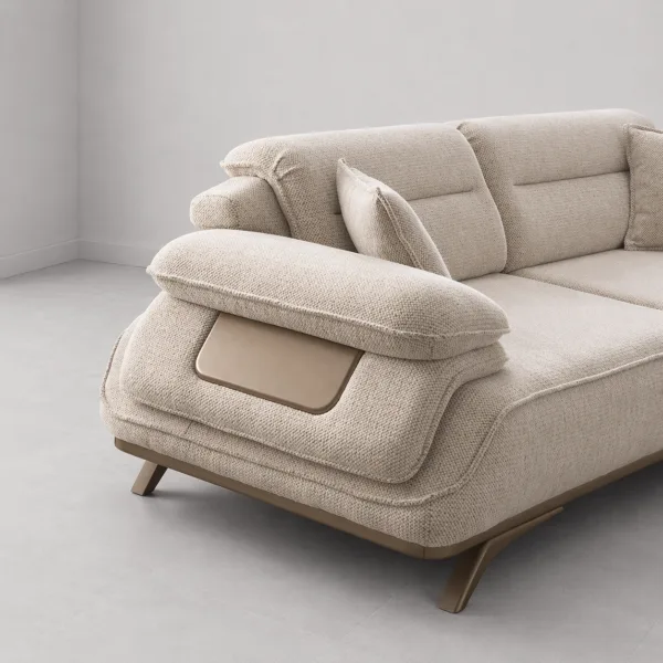 INTERIORZE beige fabric sofa with pillow armrests and bronze legs