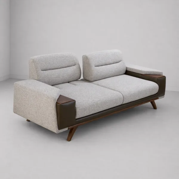 INTERIORZE cream grey fabric sofa with brown leather arms