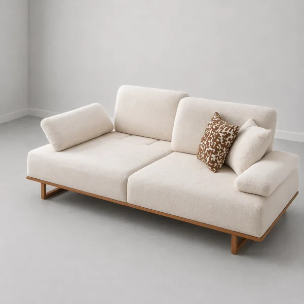 INTERIORZE white boucle sofa with wooden base and pillow armrests