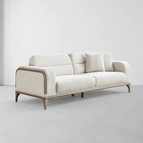 INTERIORZE cream boucle sofa with bronze metal frame and rounded arms