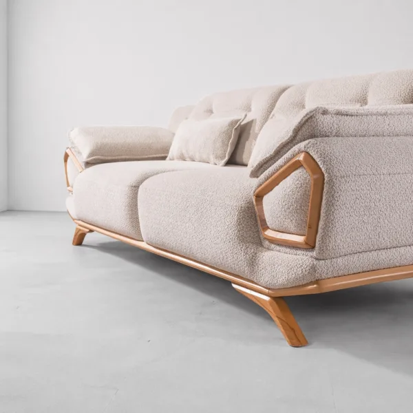 INTERIORZE cream boucle sofa with wooden pentagon side frame