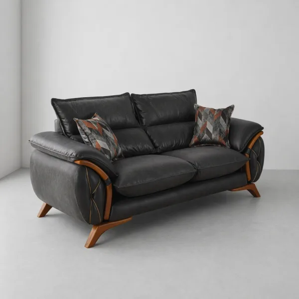 INTERIORZE black leatherette sofa with wooden accents and designer pillows