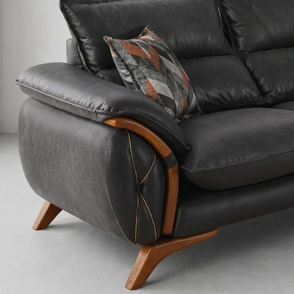 INTERIORZE black leatherette sofa with wooden accents and designer pillows
